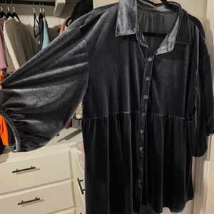 Velvet Button-Up Shirt in Dark Gray
